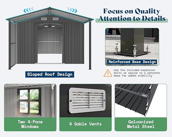 AMERLIFE 10x16.6x7.3 FT Metal Storage Shed with Lounge Area, Sliding Doors, 2 4-Pane Windows & Vents, Outdoor Tool Shed for Garden & Backyard, Heavy-Duty Weather-Resistant Steel, Dark Gray