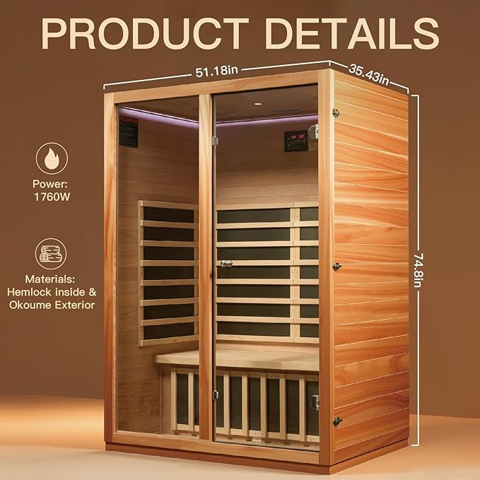 2 Person Infrared Sauna for Home, Low EMF Heater Panels & Chromotherapy Lighting, 1760W/120V, Perfect for Personal Home Sauna for Relaxation and Spa Wellness, 51.18" x 35.43" x 74.8"