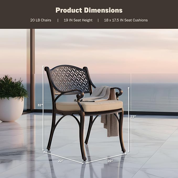 Kinger Home Harmon 2-Piece Cast Aluminum Outdoor Patio Chair, Patio Seating with Cushions, Chairs for Outside, Weather Resistant, Cushions Included