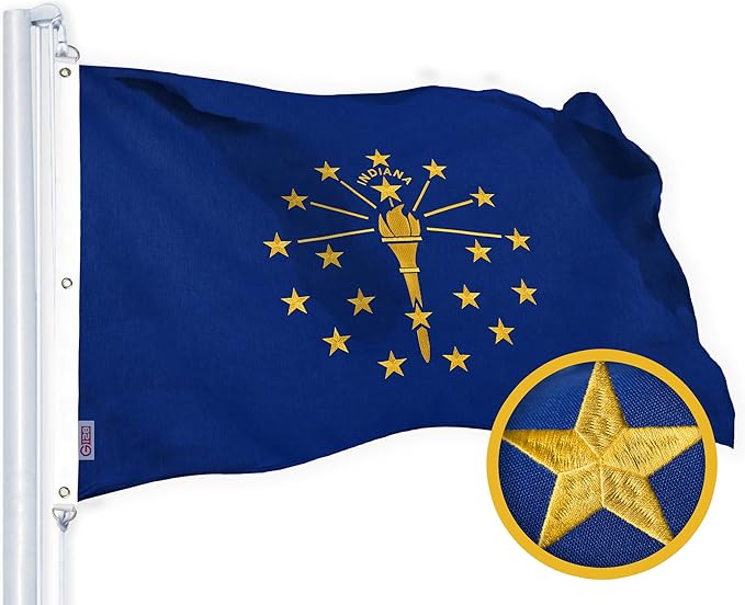 G128 Indiana State Flag | 6x10 Ft | StormFlyer Series Embroidered 220GSM Spun Polyester | Embroidered Design, Indoor/Outdoor, Brass Grommets, Heavy Duty, All Weather