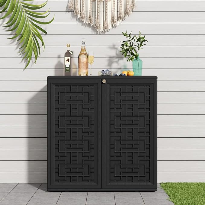KINYING Outdoor Storage Cabinet Waterproof, Resin 60 Gallon Deck Box for Patio Furniture Cushions, Garden Tools, Pool Tools and Kids’ Toys (Black with 1 Shelving)