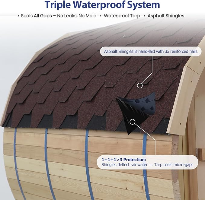 Outdoor Barrel Steam Sauna with Porch, Canadian Hemlock Wood Sauna 6 Person, 6KW Toule Heater, 220V, Waterproof System, Asphalt Shingles, Rugged Base(0-195℉)