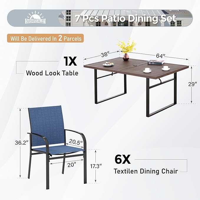 7 Piece Patio Dining Set for 6, 64” Rectangular Wood-Like Steel Dining Table with Umbrella Hole, 6 x Blue Chairs, Outdoor Table and Chairs Set for Lawn Backyard and Deck