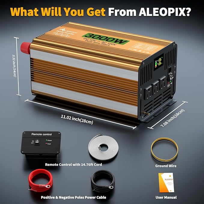 3000 Watt Inverter 12V DC to 110V/120V AC, Pure Sine Wave Inverter for Truck/RV/Home/Solar/Off-Grid, Surge 6000W Pure Sine Power with 3 AC Sockets, 5V 3.4A USB, Digital Display, Remote Controller