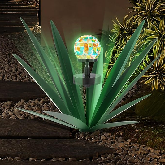 TOMBABY Solar Rustic Garden Style Metal Agave Plants Outdoor Patio, Home Decor Hand-Painted Metal Agave Garden Patio Statues, Suitable for Desert Areas, Outdoor Lawn Decorations (3 Solar Green)
