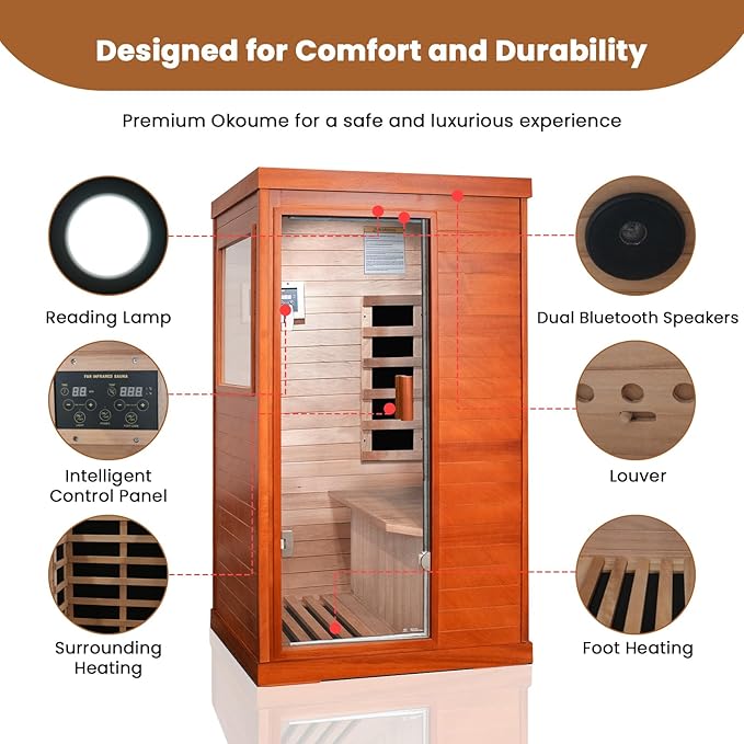 Sauna, 1 Person Infrared Sauna Home Spa Wood 800W Low-EMF Indoor Dry Saunas 5 Ultra-Low Energy Saving Heating Panels, Built-in Control Panel, Speakers, Reading Lights and Circulation Vents