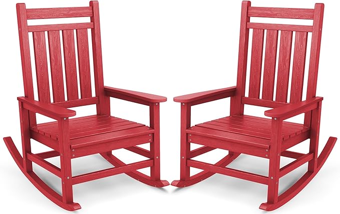 SERWALL Oversized Outdoor Rocking Chair Set of 2, HDPE Rocker for Adults, Patio Rocking Chairs for Porch, Red