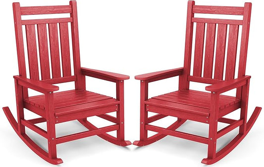 SERWALL Oversized Outdoor Rocking Chair Set of 2, HDPE Rocker for Adults, Patio Rocking Chairs for Porch, Red