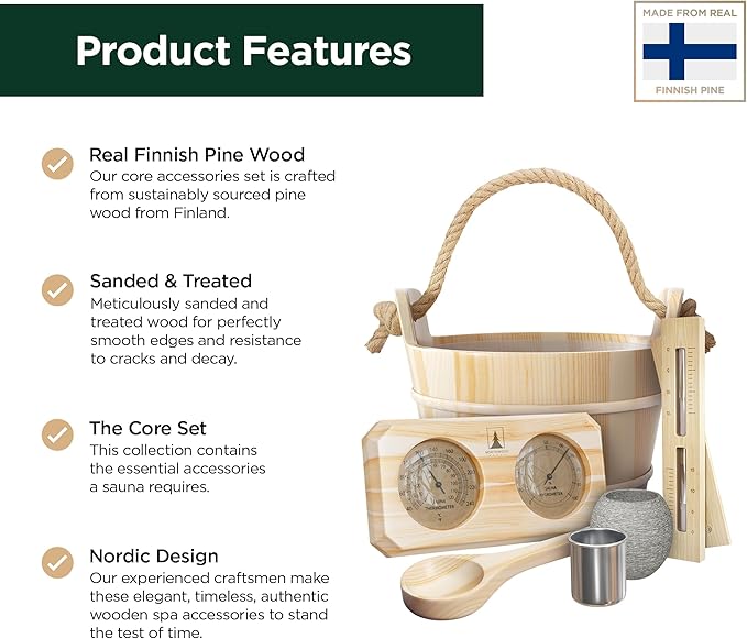Sauna Accessories Kit - Handmade from Finnish Pine Wood - Core Set (Bucket & Ladle, Thermometer & Hygrometer, Sand Timer, Aromatherapy Cup)