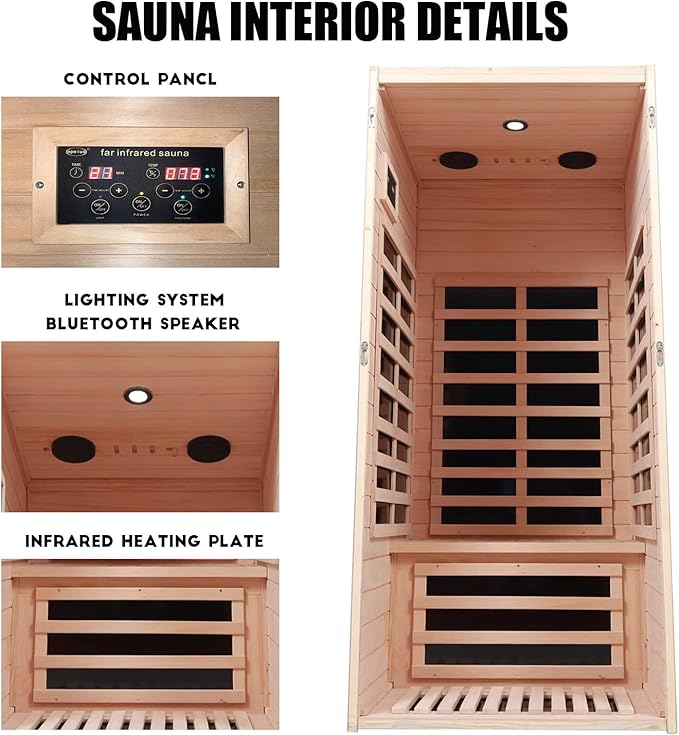 1 Person Infrared Sauna, Low EMF Infrared Saunas for Home, Hemlock Wooden Far Infrared Sauna Indoor, 1,200watt, Home Sauna Spa, with Bluetooth Speakers, LED Light, Smart Display