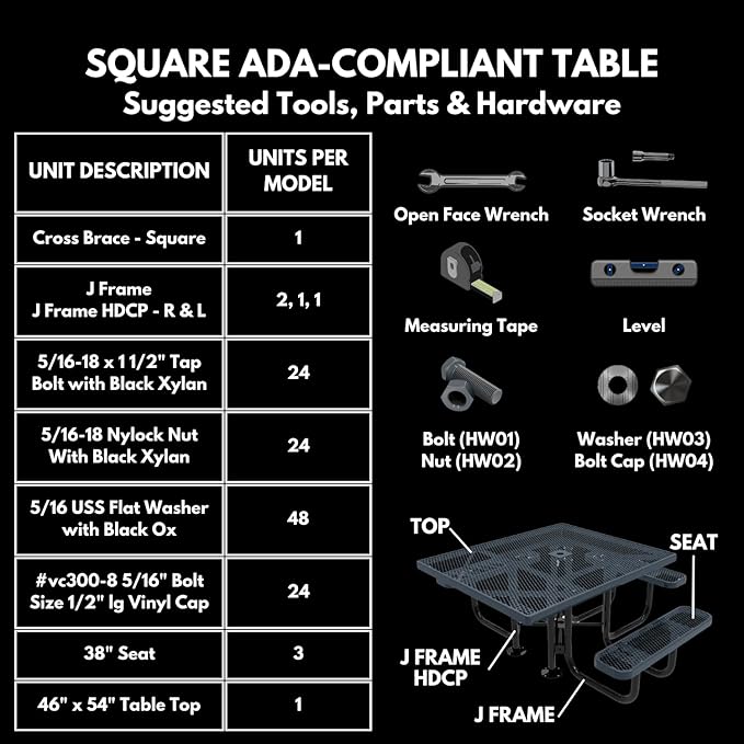 COATEDOUTDOORFURNITURE Heavy-Duty Portable ADA-Compliant Outdoor Picnic Table with Umbrella Hole, Punched Steel Patio Dining Furniture Made in America (46" Square Top, Textured Brown)