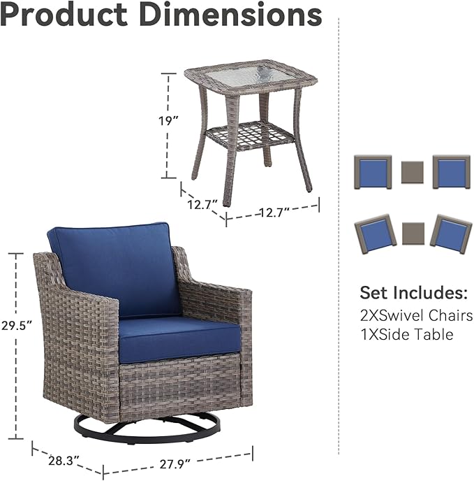 3 Pieces Outdoor Rocking Swivel Chairs with Side Table, Outdoor Furniture Swivel Chair with Comfy Cushions, Conversation Sets for Patio Deck Backyard Poolside
