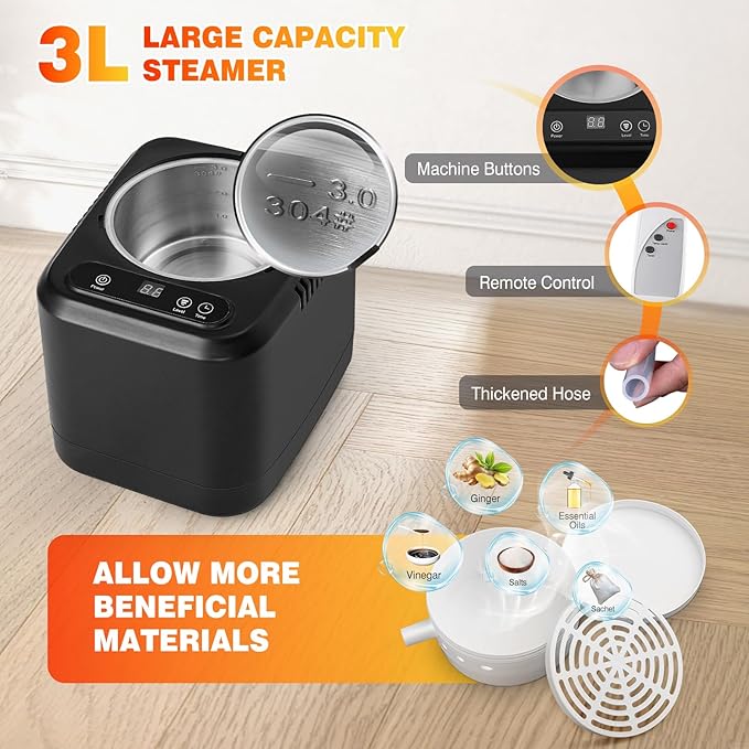 Portable Sauna for Home, Large 3L Steamer Max 140℉ Full Body Steam Sauna Tent with Remote Control, 9 Levels 7-Min Quick Heat Folding Chair Waterproof Mat, 5.9 * 2.92 * 2.95 ft (Black)