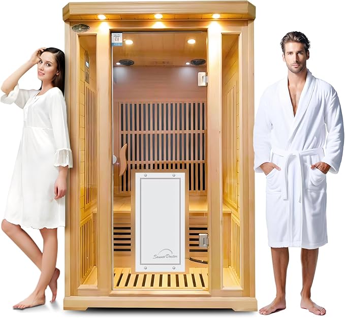 Far Infrared Sauna for Home Low EMF 2 Person Indoor Dry Hemlock Wood 1800W Graphene Heaters Panels Personal Sauna with Touch Intelligent Panel, Bluetooth Reading Light, 47.2 * 39.4 * 74.8in