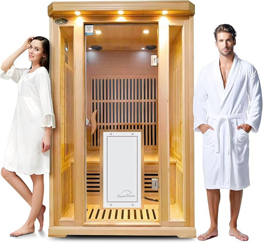 Far Infrared Sauna for Home Low EMF 2 Person Indoor Dry Hemlock Wood 1800W Graphene Heaters Panels Personal Sauna with Touch Intelligent Panel, Bluetooth Reading Light, 47.2 * 39.4 * 74.8in