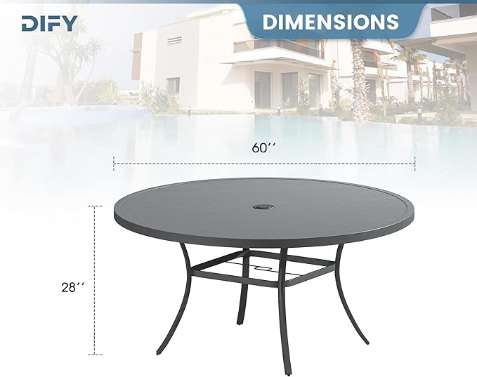 DIFY 60" Round Outdoor Patio Dining Table for 8-10, Metal Patio Table with 1.57" Adjustable Umbrella Hole, All-Weather Dining Furniture Table for Backyard Lawn Garden, Grey