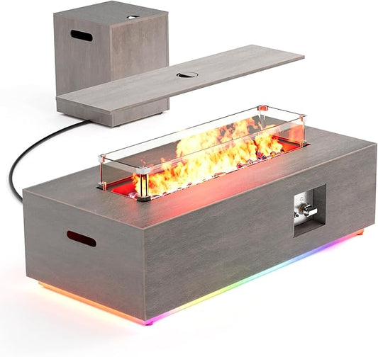 42" Outdoor Fire Pit Table, 50,000 BTU Gas Fire Pit with Glass Wind Guard, Fire Stones, Waterproof Cover, Propane Fire Pit Table for Outside Patio (RGB Light, Brown)