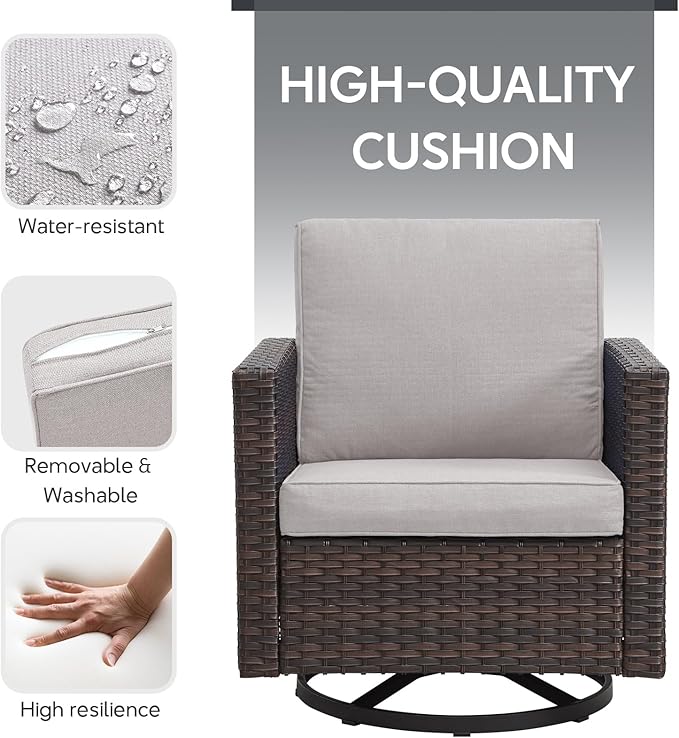 5 Piece Wicker Patio Furniture Set - Outdoor Swivel Rocker Chairs Set with 3 Seat Sofa and Ottomans, Small Patio Conversation Sets Proch Furniture for Balcony Deck - Brown/Beige