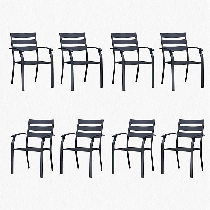 Patio Dining Chairs Set of 8, Black Stackable Outdoor Dining Chairs with Armrest and Wide Back, Wrought Iron Patio Furniture Chairs for Lawn, Backyard, Garden & Deck, Supports 300 LBS