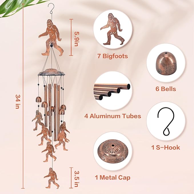 Bigfoot Wind Chimes Outdoor Big Foot Sasquatch Gifts for Men/Women/Dad/Grandpa Birthday Gift Memorial Gift Metal WindChimes for Outside/Indoors, Home, Lawn, Porch, Patio, Garden Decor, Yard Decoration