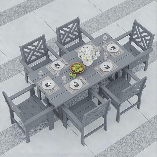 7-Piece Outdoor Dining Set, HDPE All-Weather Patio Table and Chairs Set for 6, Outdoor Patio Furniture Sets with Umbrella Hole for Outside, Deck, Backyard, Garden (Grey)