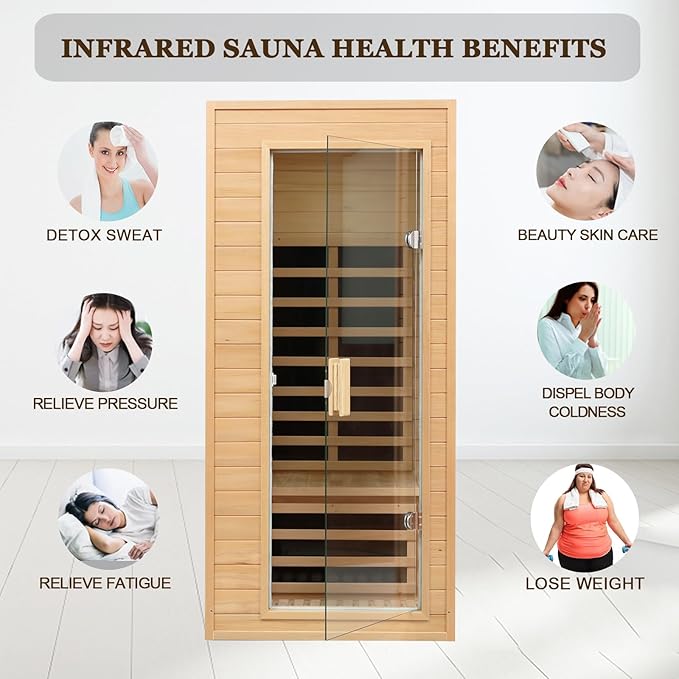 1 Person Infrared Sauna, Low EMF FAR Infrared Saunas for Home, 1200 watt Canadian Hemlock Indoor Sauna Room with LED Reading Lamp, LCD Display Control, Blue-Tooth Audio