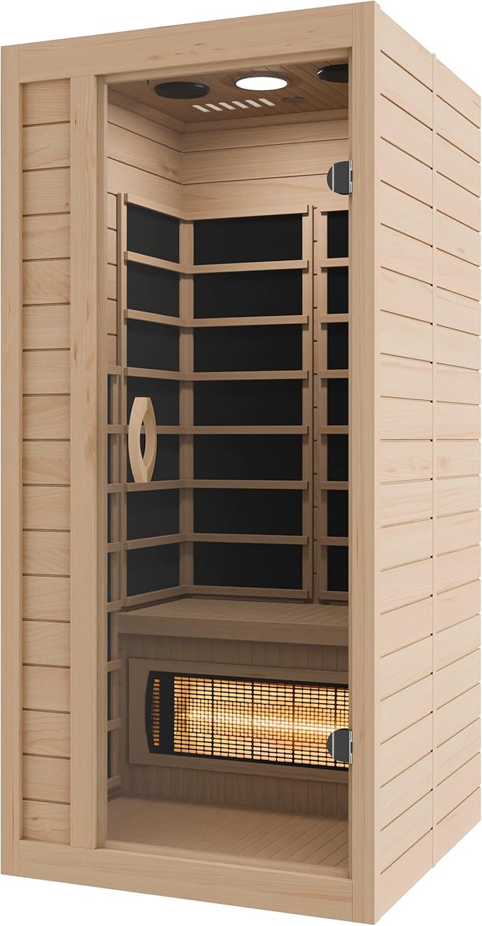 SteamSpa Home Sauna Room 1 Person Hemlock Wooden Indoor Sauna Spa - Bluetooth Speaker, FM, Oxygen bar, Heating Plate, Three Colors Lanterns, Touch Control Panel Temperature