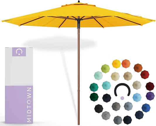 Midtown Umbrellas The Wooden 10 Feet Patio Umbrella With Sunbrella Yellow Acrylic Fabric - Aluminum Frame Market Umbrella For Backyard, Deck, Garden, Pool - Wooden Pole