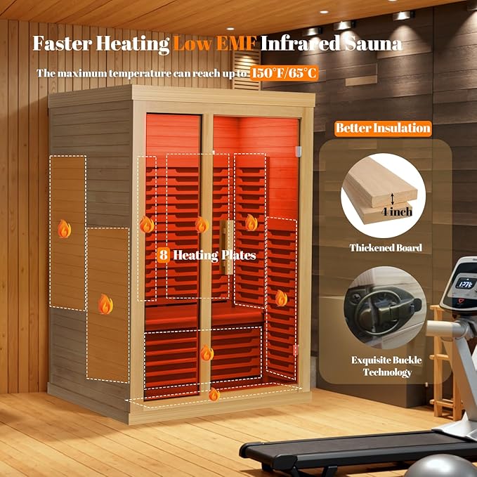 Far Infrared Wooden Sauna Low EMF- 2 Person Personal Sauna for Home Use, Full Spectrum Infrared Sauna, Dual Tempered Glass & Bluetooth Speakers - Indoor Sauna 2000W, Natural Wood