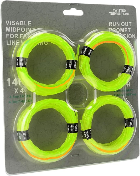 4 Pack String Trimmer Line .095 Compatible with Ego String Trimmer 095 Weed Eater String Pre-Cut Dual Color 3-section Fast-positioning Twisted Trimmer Line Universal Fit Weed Wacker String 14 ft