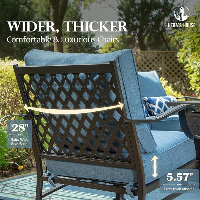 HERA'S HOUSE 6 Piece Patio Furniture Set, 4 x Fixed Metal Cushioned Chair, 1 x 3-Seat Sofa with Marbling Coffee Table, All Weather Outdoor Conversation Set for Lawn Garden Backyard, Navy Blue