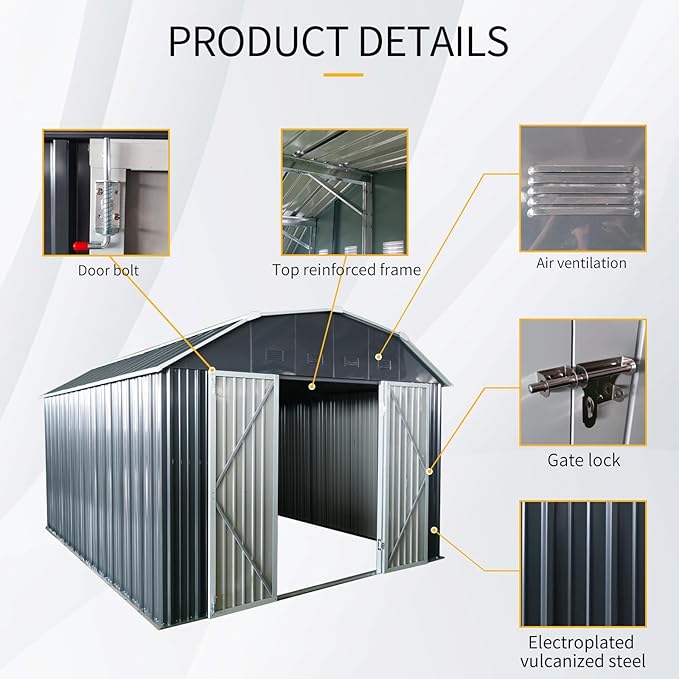 Ball & Cast 10x12FT Outdoor Storage Shed,Large Metal Tool Sheds with Locking Double Doors,Garden Tool House W/Arch Roof & Ventilation Slots,for Backyard Garden Patio Lawn,Black