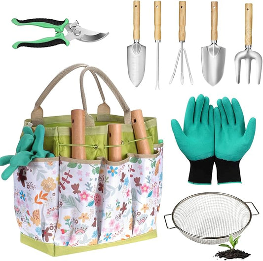 Sand Soil Compost Sifter 1/4 Inch Mesh,Garden Tool Set,Stainless Steel Tools with Organizer Bag,Gardening Kit for Weeding, Planting, Digging,Gardening Gifts for Women Novice Gardener
