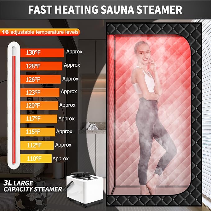 Smartmak Portable Steam Infrared Sauna with 660nm Red Light Therapy Lamp for Home Relaxation, Personal Large Full Body Sauna Spa Tent with 3.0L 1100W Steamer, Remote Control, Folding Chair Indoor Use