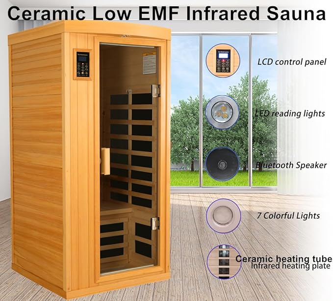 Ceramic Infrared Sauna with Backrest, 1 Person Low EMF Far Infrared Sauna for Home, 1300watt Canadian Hemlock Wood Indoor Saunas with 6 Heating Panels,Blue-Tooth Control, LCD Display