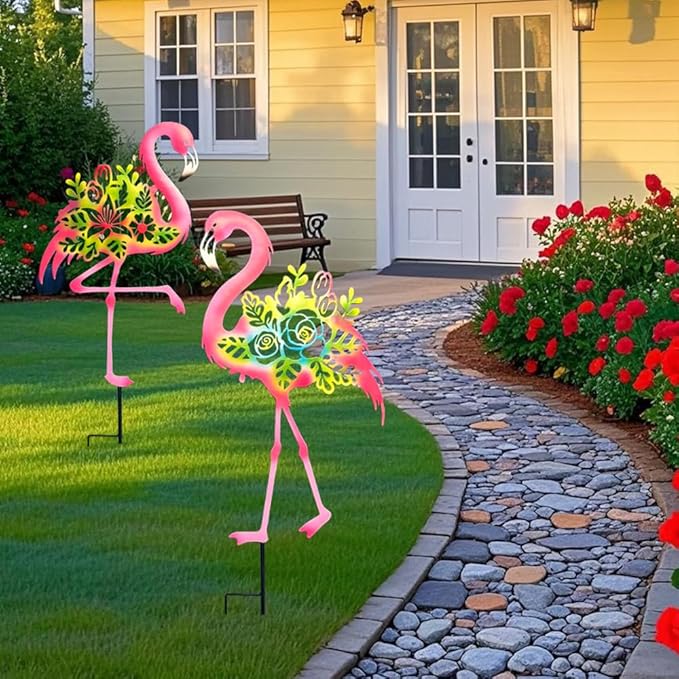 Pink Metal Flamingo Garden Statue - 20.5 inch Hand Flamingo Painted Metal Patio Art, Outdoor Decorative Stake Flamingo Statue for Lawn, Patio, Porch and Backyard, Gifts for Ladies (B Style 2 Pack)