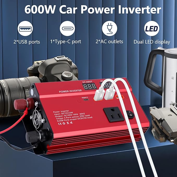 600W Car Power Inverter, 12V/24V Car Plug Adapter Outlet Converter with 1 Type C Port, 3 USB Ports, Dual AC Outlets for Cars Trucks US Plug (Red)