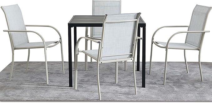 5 Pieces Round Dining Table Set for 4, Patio Dining Set Includes 4 Beige Blue Stackable Patio Chairs and Black Square Table, Patio Furniture Sets with Sling Support for Outside, Garden