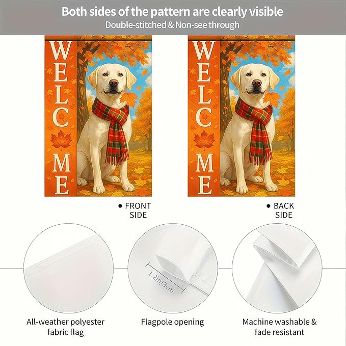 Thanksgiving Fall Garden Flag 12x18 Inch Welcome Labrador Retriever Dog Outdoor Flag Double Sided Autumn Yard Banner with Plaid Scarf and Leaves Decor for Porch L