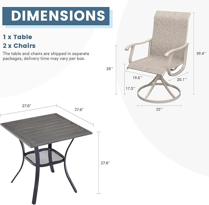 DIFY 3 Pieces Outdoor Patio Dining Set for 2, 27.6" Small Square Metal Dining Table and 2 Sandshell Textilene Swivel Dining Chairs, Outdoor Table and Chairs