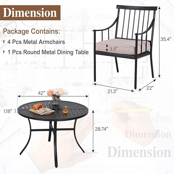 Sophia & William 5 Pieces Patio Dining Set with 4 Metal Armchairs and Round Dining Table, Outdoor Conversation Armchairs Furniture with Seat Cushions and 1.57" Umbrella Hole for Porch Backyard Balcony