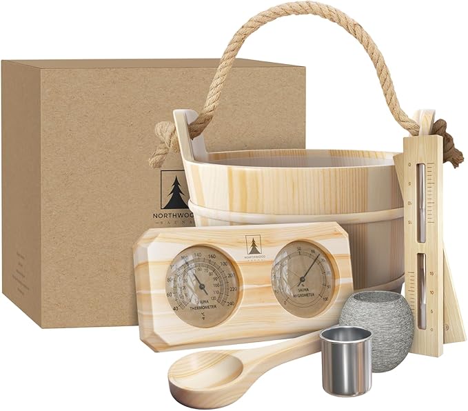 Sauna Accessories Kit - Handmade from Finnish Pine Wood - Core Set (Bucket & Ladle, Thermometer & Hygrometer, Sand Timer, Aromatherapy Cup)