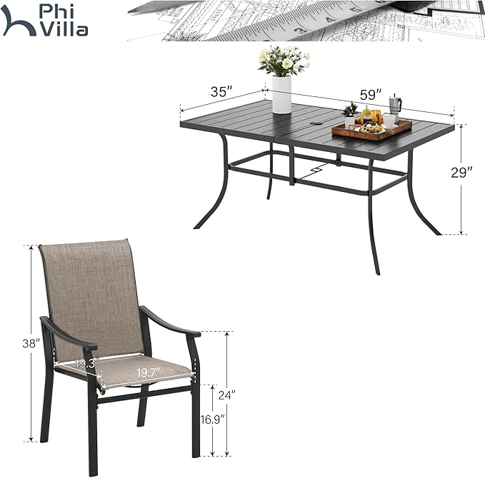 PHI VILLA Patio Dining Table and Chairs for 6,Outdoor Chairs with Textilene Fabric,Quick-Dry and Waterproof,Large Metal Table with Umbrella Hole,Durable and Sturdy for Outside,Garden,Yard