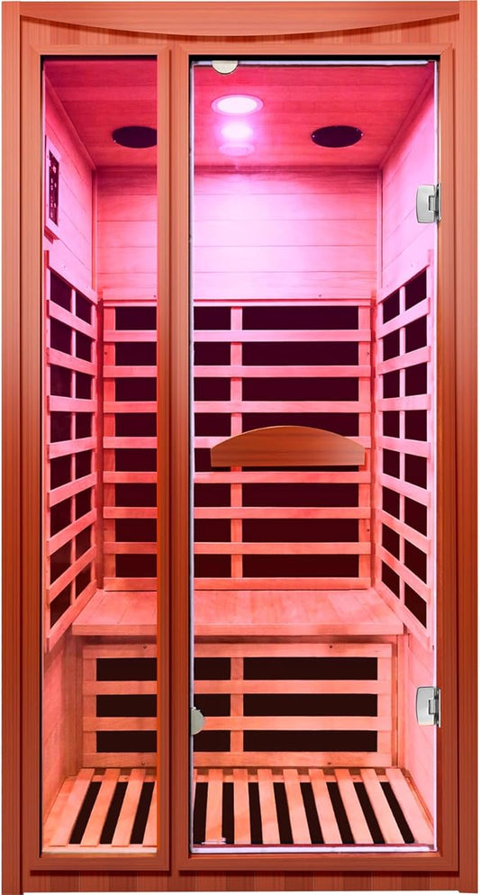 Home Far-Infrared Sauna Cabin - for 1-2 Persons Low Electromagnetic Radiation 1550W Indoor Spa Room Featuring Multicoloured Lighting Bluetooth Speaker and Control Panel