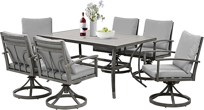 HAPPATIO 7-Piece Outdoor Dining Set - All Aluminum Patio Table and Chairs Set for 6 Includes 1 Rectangular Dining Table and 6 Swivel Dining Chairs with Cushions for Lawn, Garden, Backyard