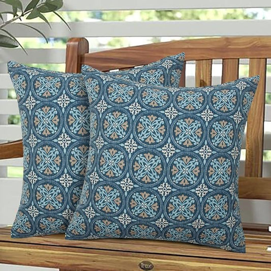 Magpie Fabrcis Pack of 2 Outdoor Waterproof Throw Pillow with Insert 18 x 18 Inch, Christmas Decorative Back Cushion Pad for Garden Patio Tent Balcony Couch Sofa(Morgan Medal Blue)