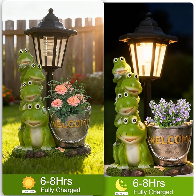 Frog Solar Garden Outdoor Statue with Lantern and Flowerpot Patio, Balcony, Shelf, Tabletop, Lawn Decoration - Unique Housewarming, Birthday, Thanksgiving, Mom Gifts