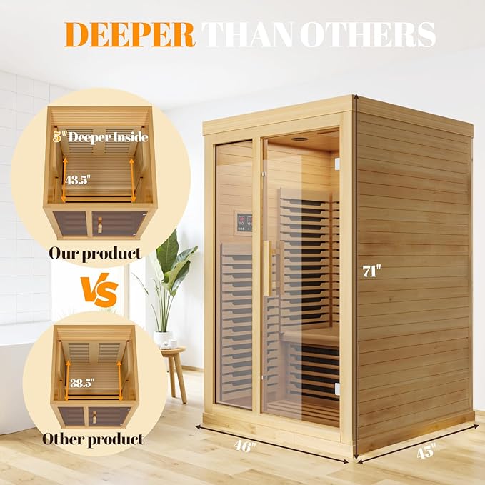 Far Infrared Wooden Sauna Low EMF- 2 Person Personal Sauna for Home Use, Full Spectrum Infrared Sauna, Dual Tempered Glass & Bluetooth Speakers - Indoor Sauna 2000W, Natural Wood