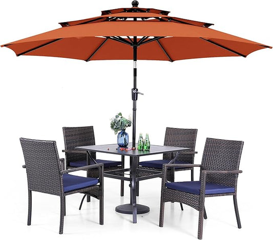 PHI VILLA 5 Piece Outdoor Dining Set with Umbrella, 37" Square Metal Dining Table & 4 Cushioned Wicker Rattan Chairs with 10ft Red Umbrella for Patio, Deck, Yard, Porch