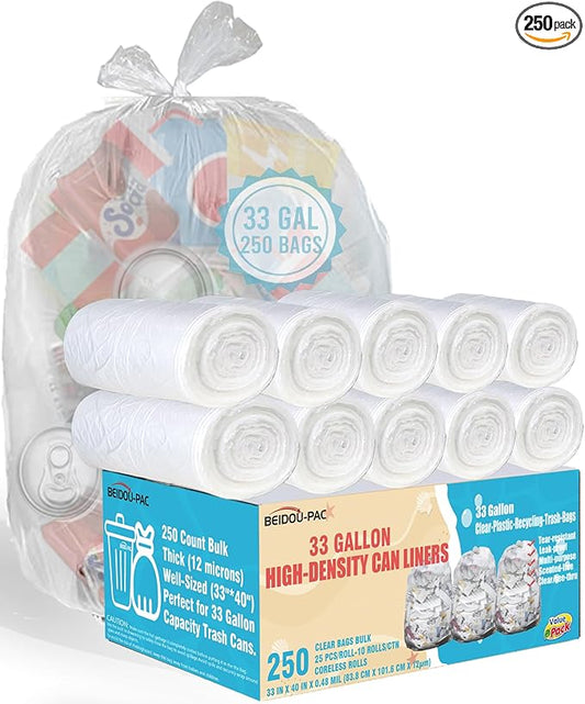 33 Gallon Trash Bags, 250 Count Bulk, Heavy Duty Clear Plastic Recycling Garbage Bags, Multi-purpose Can Liners for Business Home Commercial, Industrial Contractors, Storage & Outdoor